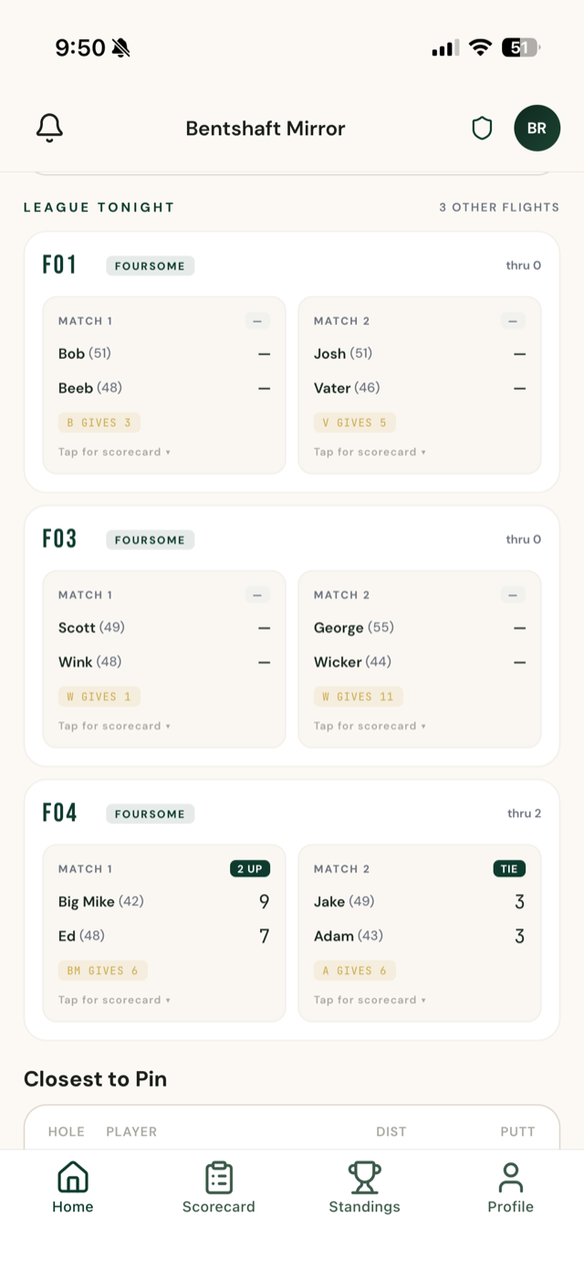 GOWF league night — every flight and matchup