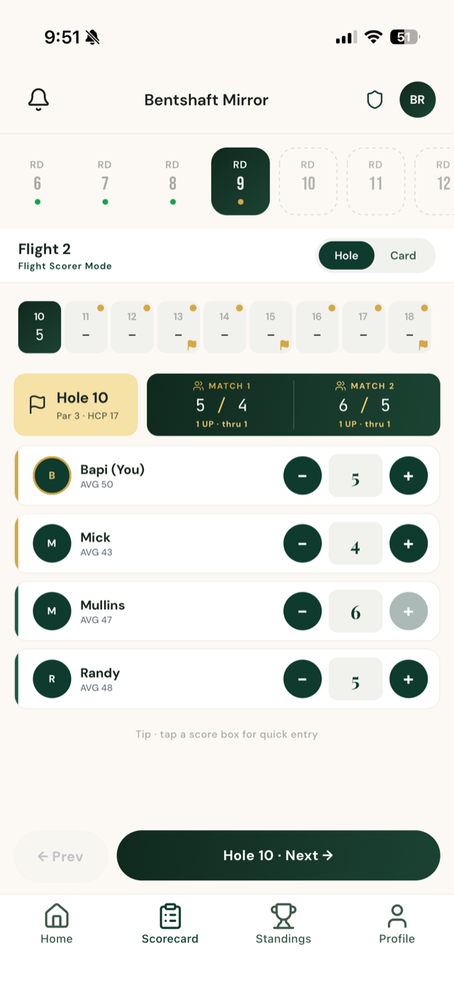 GOWF scorecard — entering hole-by-hole scores on the course